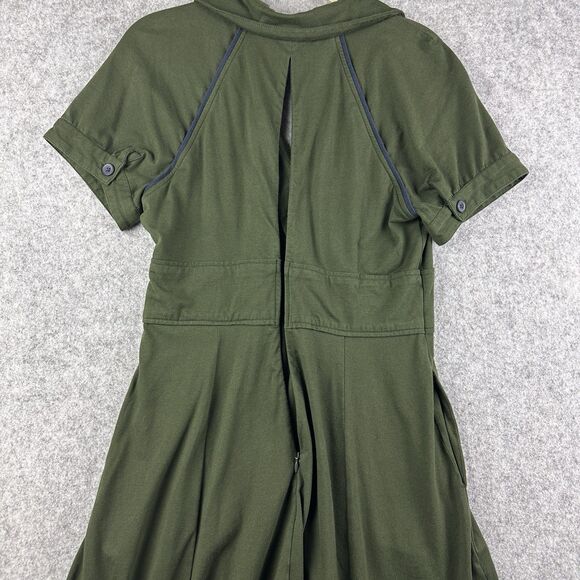 Eshakti Fit Flare Dress Womens Small 6 Olive Green Pockets Cotton Stretch Zip - Picture 7 of 15